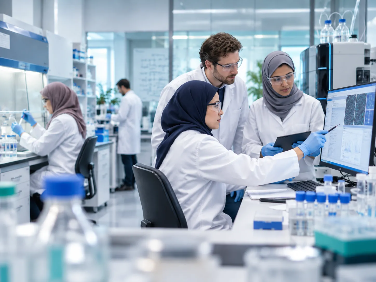 Scientific research team reviewing laboratory data