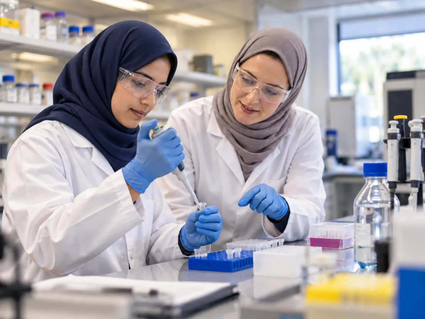 Instructor guiding hands-on biotechnology laboratory training