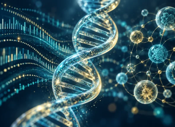 Abstract DNA helix with bioinformatics data connections